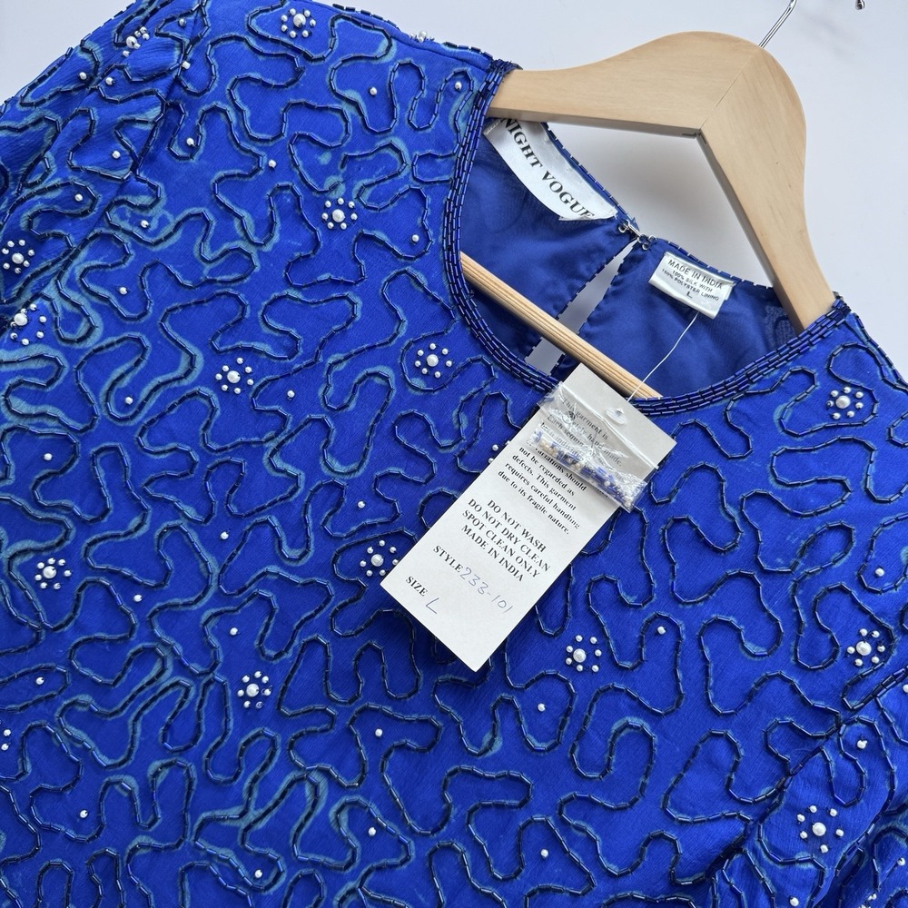 Vintage Night Vogue Blue Beaded Silk Blouse Top Size L Faux Pearl Sequined NWT